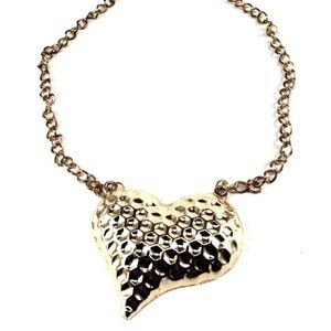 Gold Tone Hammered Heart Pendant Necklace | 20" + Extender | Statement Jewelry